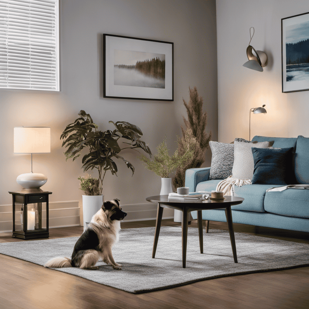 An image showcasing a cozy living room with a stylish, efficient air purifier prominently placed near a dog's accident spot