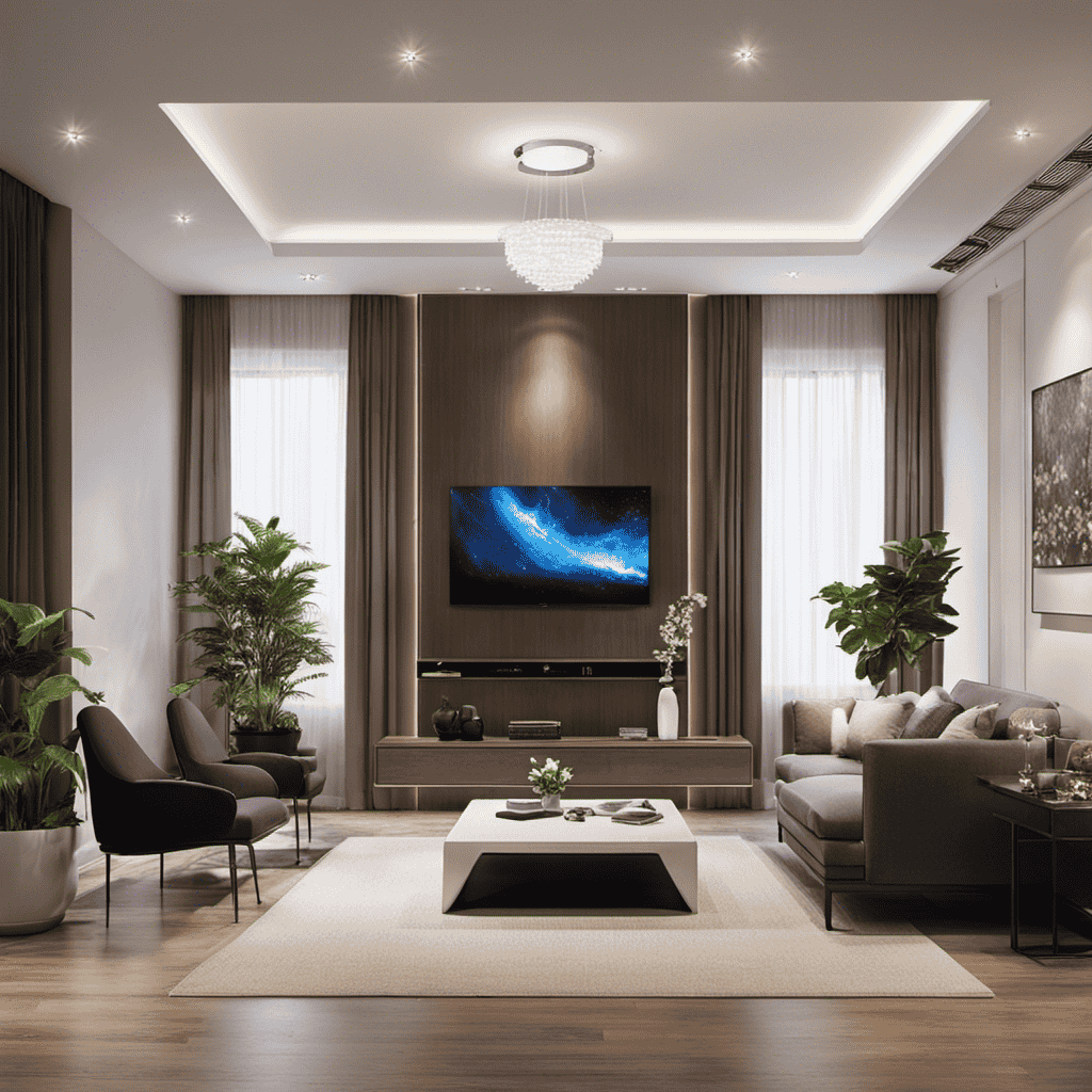 An image showcasing a spacious living room with an air purifier seamlessly blending into the decor