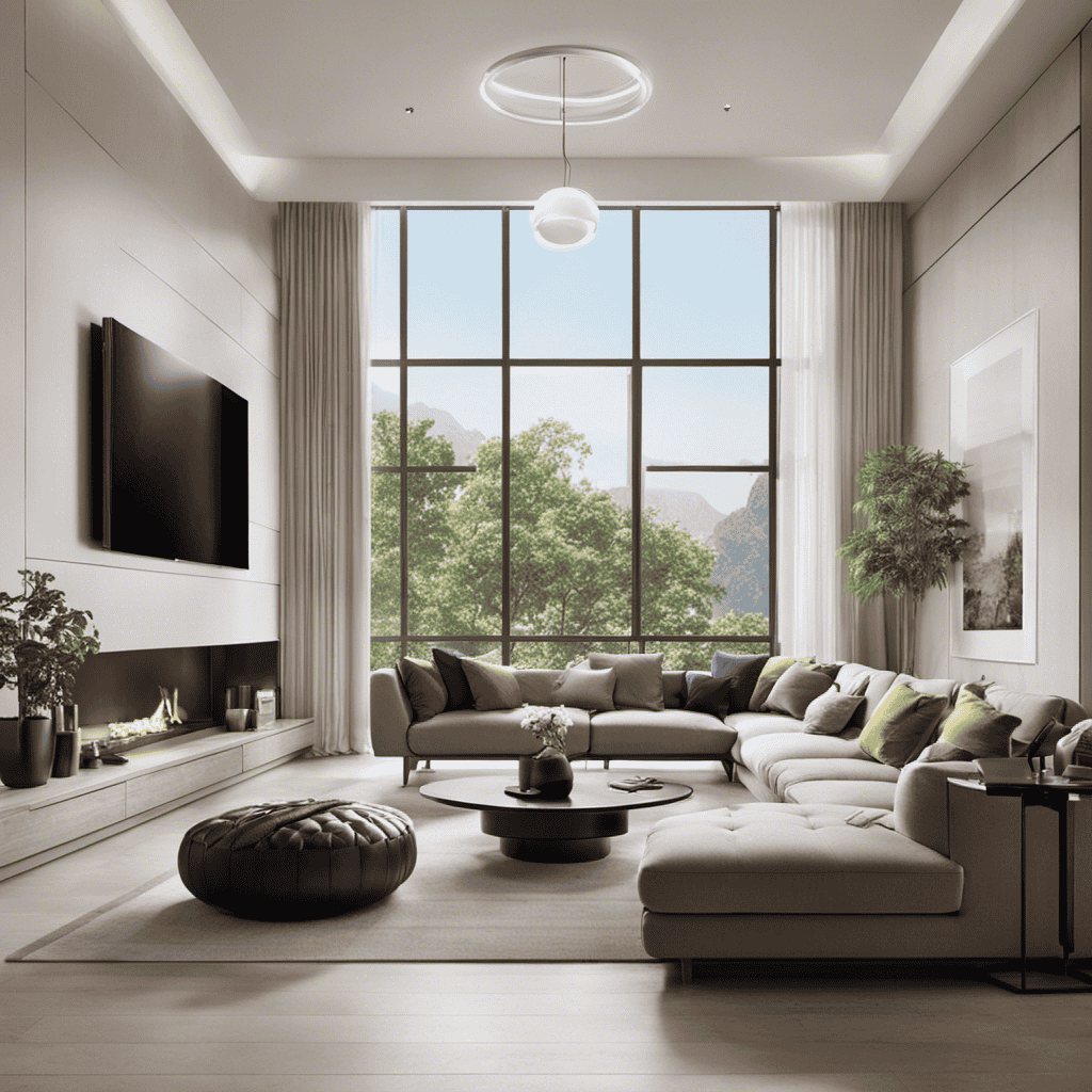 An image showcasing a spacious living room with high ceilings and large windows, filled with clean, purified air courtesy of a Dyson Air Purifier