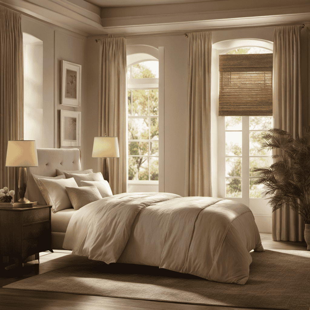 An image showcasing a serene bedroom scene with a woman sleeping peacefully, surrounded by a gentle glow of purifying air