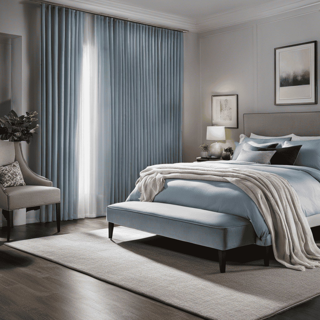 An image of a serene bedroom with sunlight streaming through sheer curtains, showcasing an elegant air purifier seamlessly blending into the décor