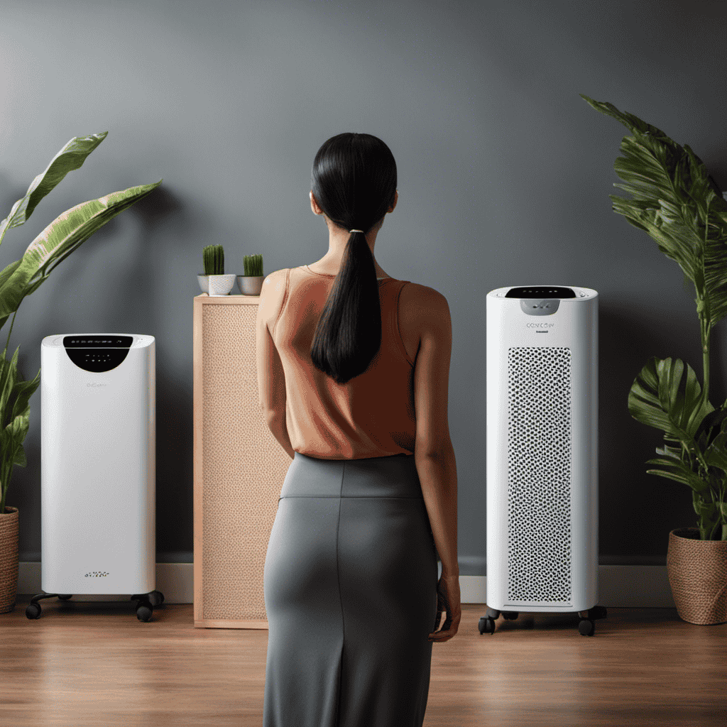 An image showcasing a person standing in front of an array of air purifiers, highlighting their various features such as HEPA filters, activated carbon, and UV-C light, to capture the essence of what to know before buying an air purifier