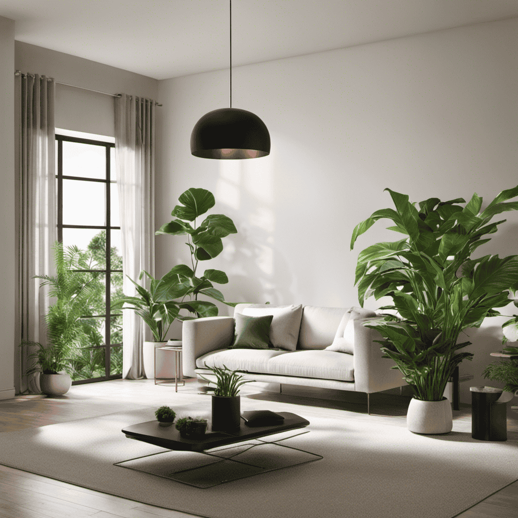 An image that showcases a well-lit living room with an air purifier placed strategically in the corner, surrounded by vibrant green plants, demonstrating how a purifier integrates seamlessly into a stylish and healthy home environment