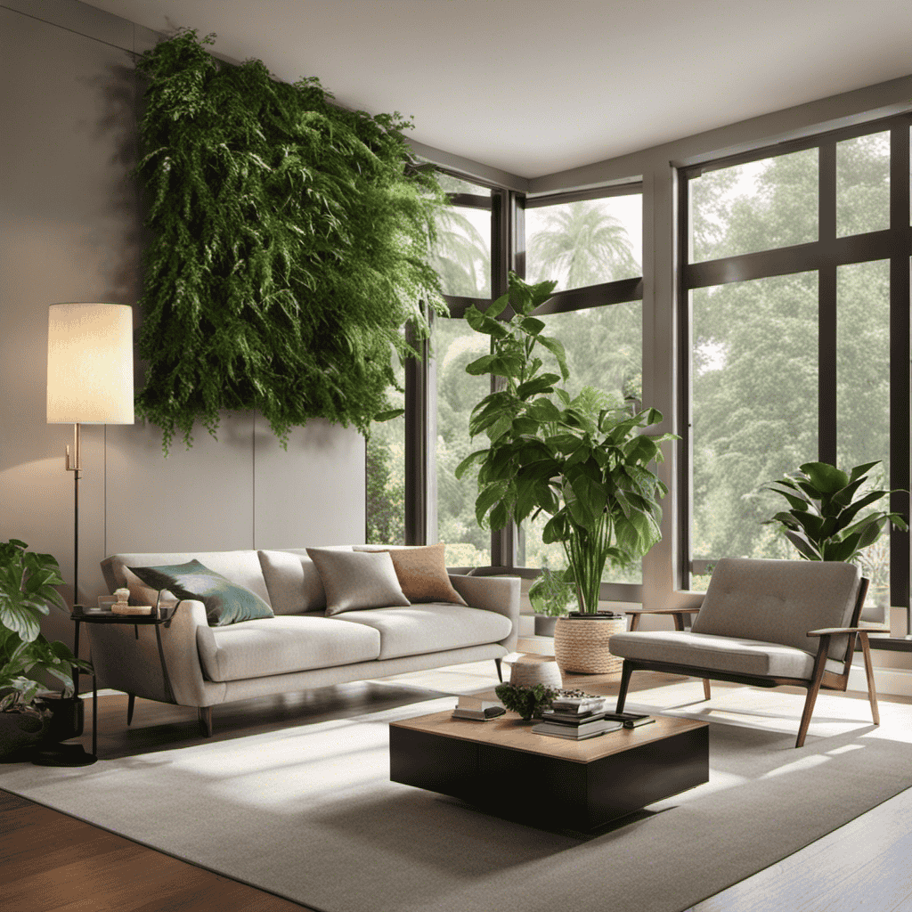 An image showcasing a modern living room with natural sunlight streaming in, featuring an air purifier placed strategically near a lush indoor plant, capturing the serene ambiance and emphasizing the importance of clean, fresh air