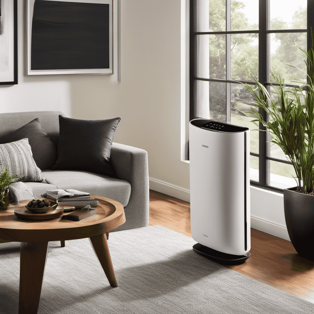 An image showcasing a well-maintained, pre-owned living air purifier in a pristine living room setting