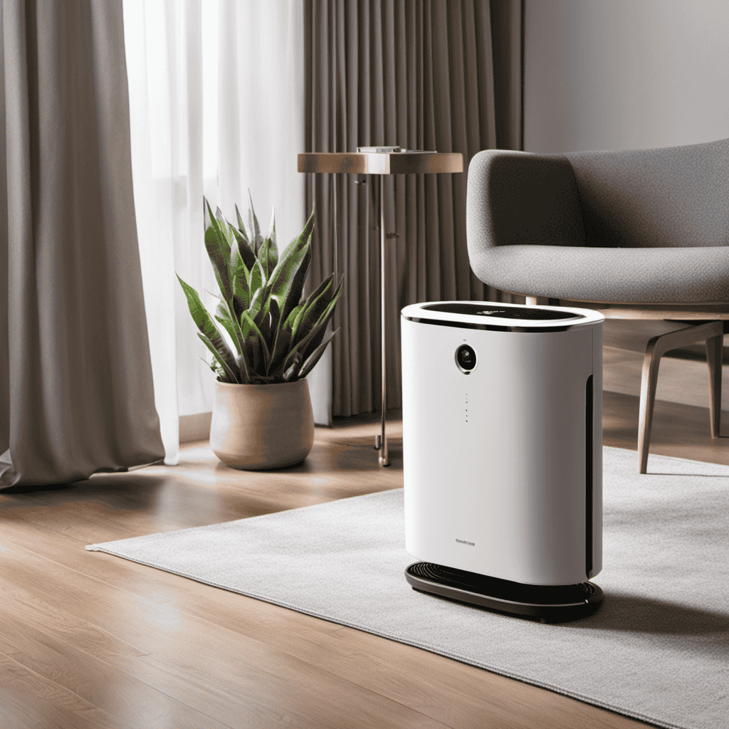 An image showcasing a sleek, modern air purifier with HEPA filters, capturing the device in action, effectively removing microscopic dust particles and allergens from the surrounding air
