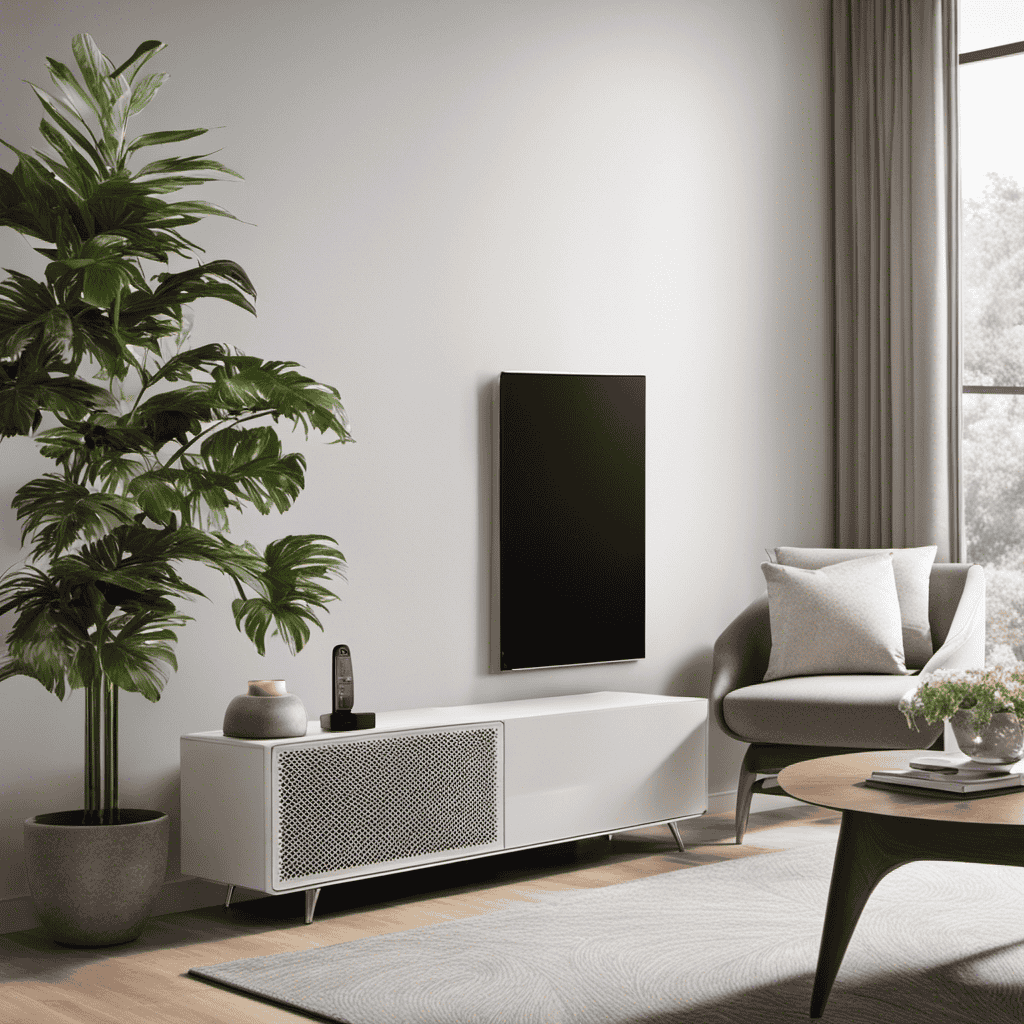 An image showcasing a sleek, modern living room with a high-efficiency particulate air (HEPA) filter air purifier prominently placed, capturing its compact design, advanced filtration system, and soft ambient lighting