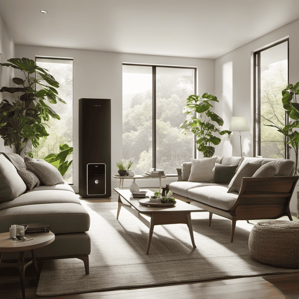 An image showcasing a serene living room with an air purifier quietly humming in the corner