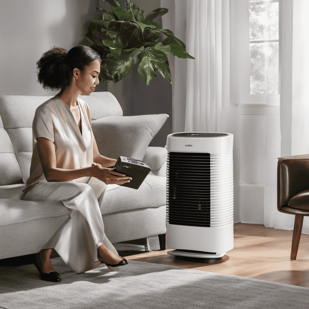 An image showing a person examining an air purifier, highlighting key features like a HEPA filter, UV-C light, and activated carbon, to help them combat mold problems effectively