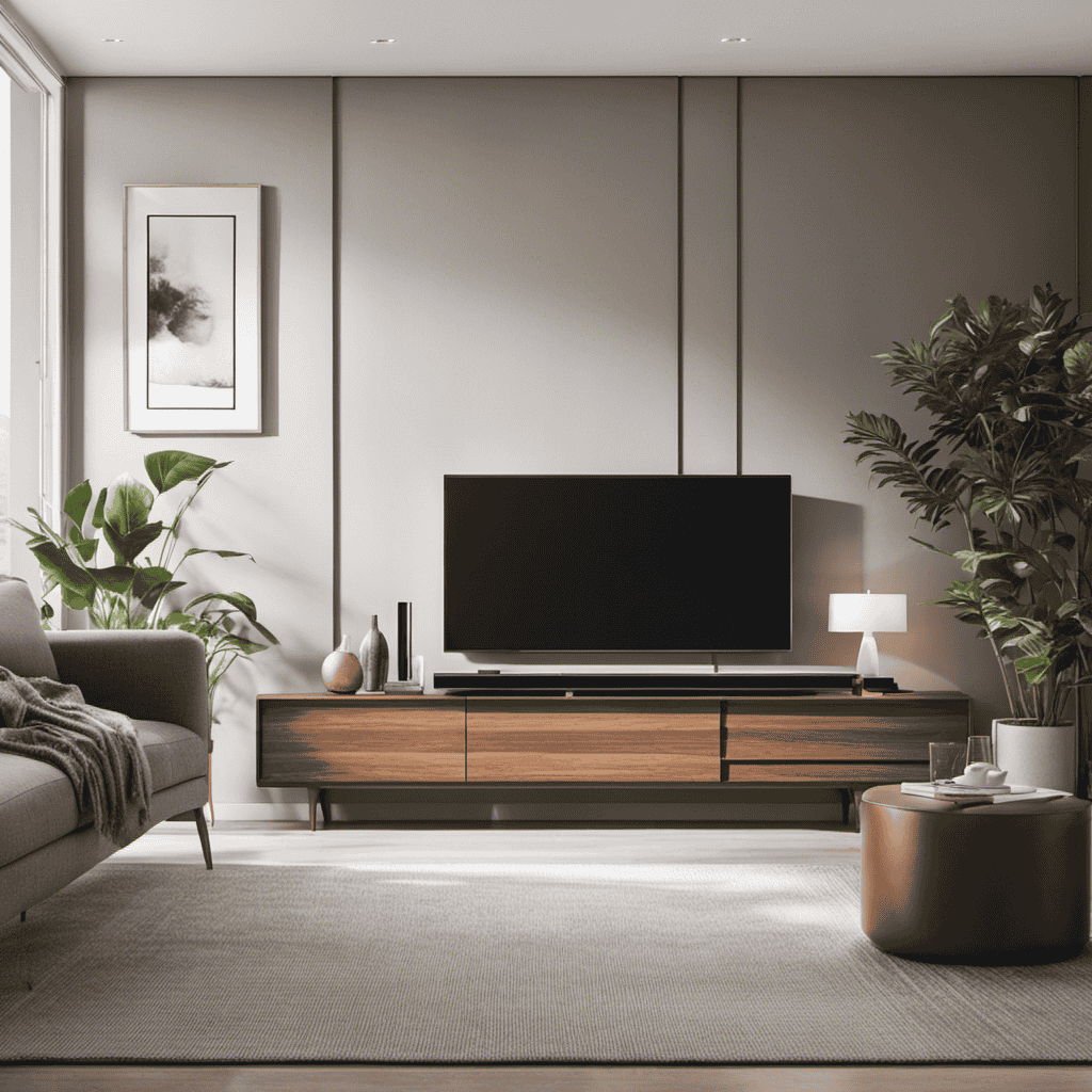 An image showcasing a modern living room with a family comfortably lounging, while a sleek, high-quality air purifier stands prominently in the corner, effectively purifying the air and enhancing the ambiance