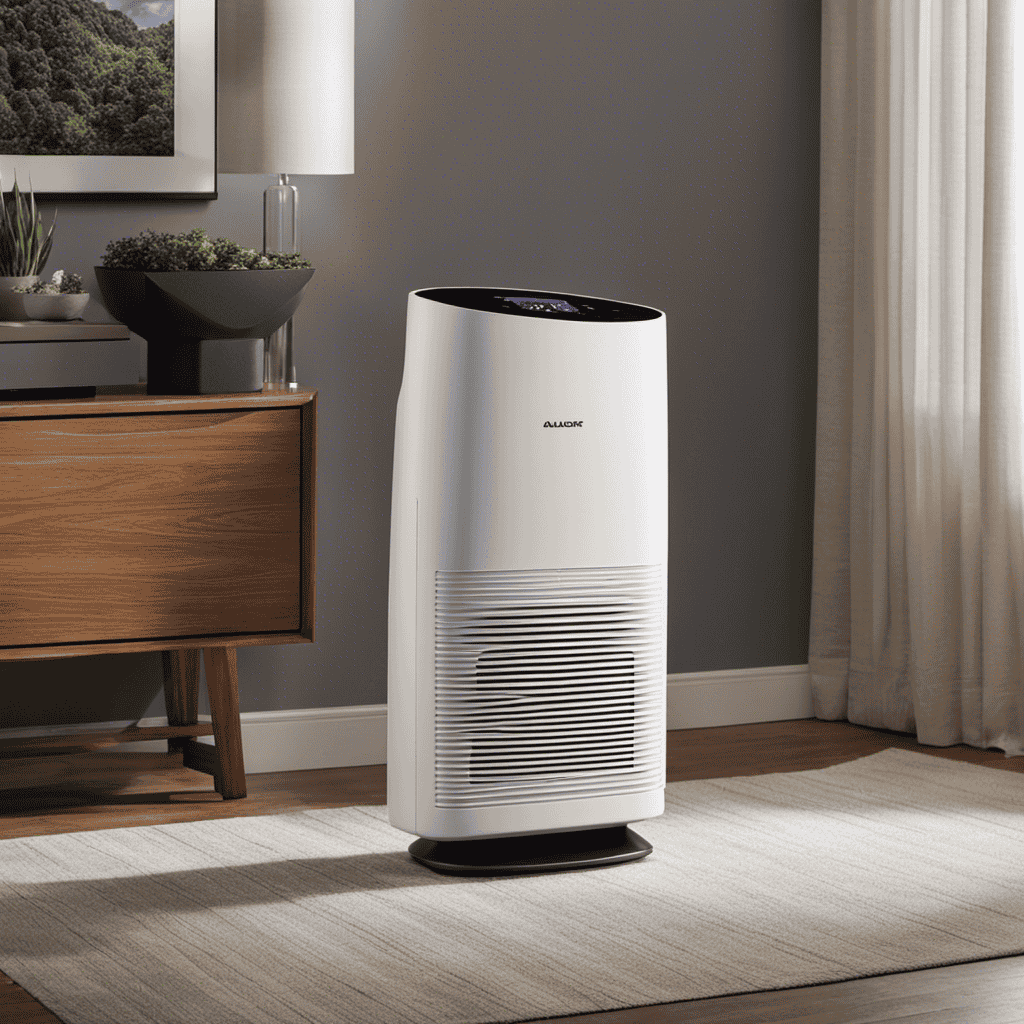 An image featuring a person standing in a well-lit room, holding a high-quality air purifier