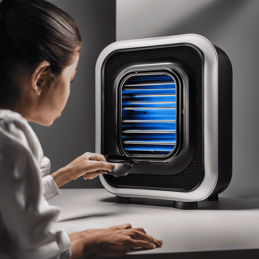 An image showcasing a person carefully examining the filter of an air purifier, their fingers pointing out a microscopic layer of trapped pollutants and dust