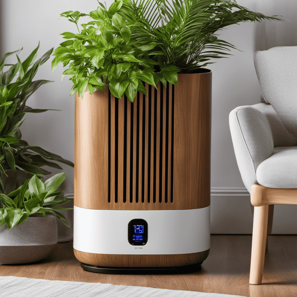 An image showcasing a modern air purifier with an open compartment filled with fresh green plants, activated carbon filters, and essential oil diffusers, providing a visually appealing and comprehensive guide of what to put in an air purifier