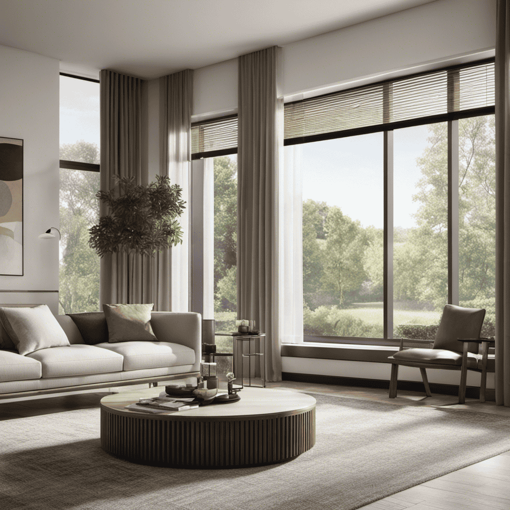 An image showcasing a spacious living room with large windows, capturing a serene environment