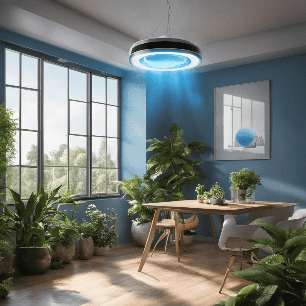 An image featuring a room with an open window, sunlight filtering in, and an air purifier emitting a faint blue glow