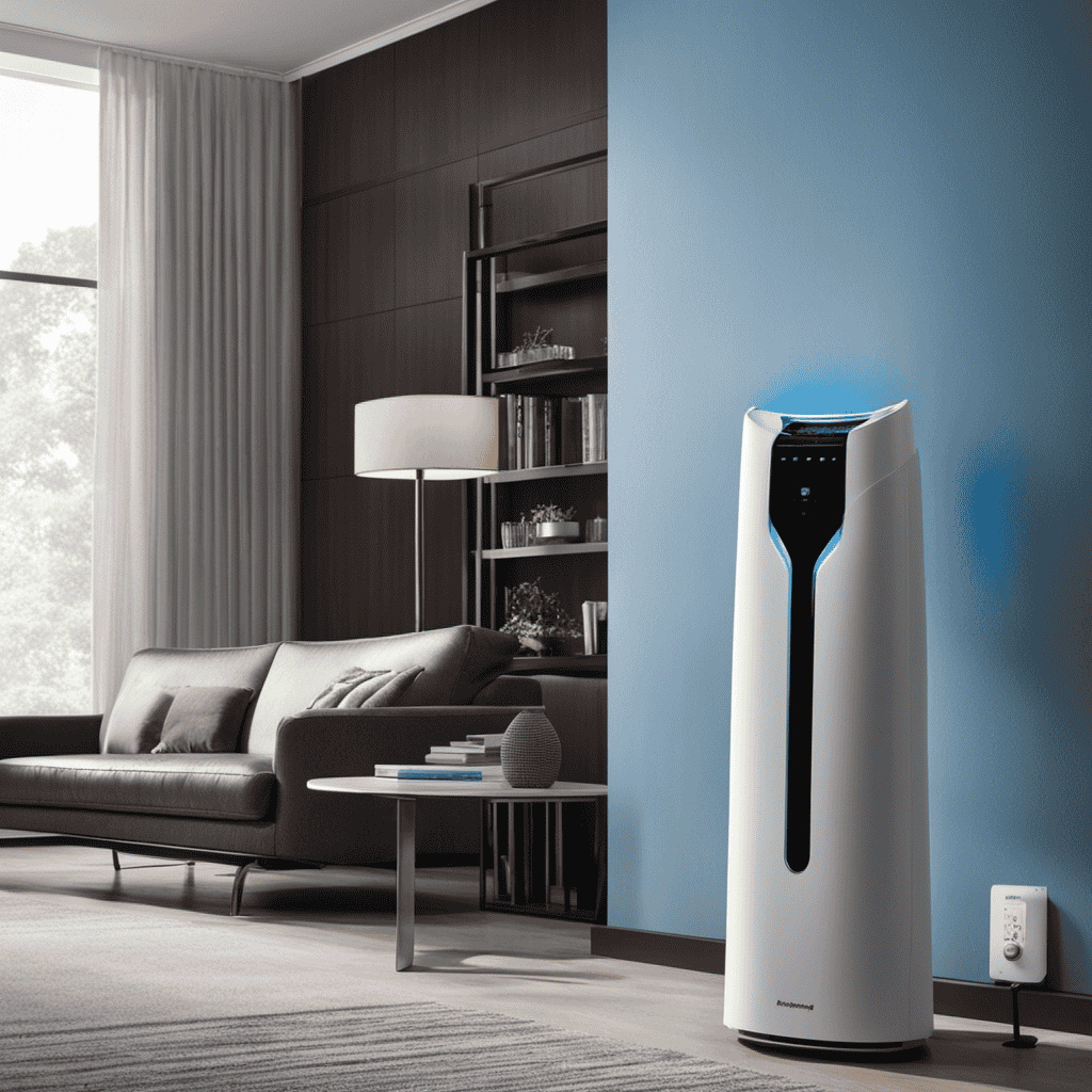 An image showcasing a modern, sleek air purifier placed in a room with damp walls covered in visible mold and mildew patches
