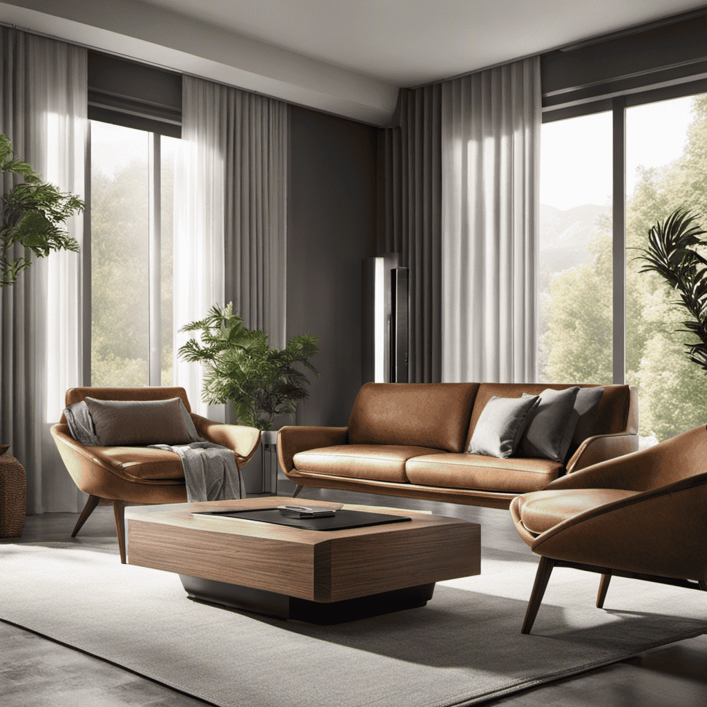 An image showcasing a sleek, modern living room with a compact, HEPA-filter air purifier placed on a side table