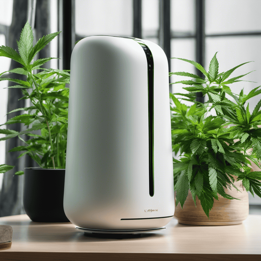 An image showcasing a modern, sleek air purifier designed specifically for cannabis cultivation