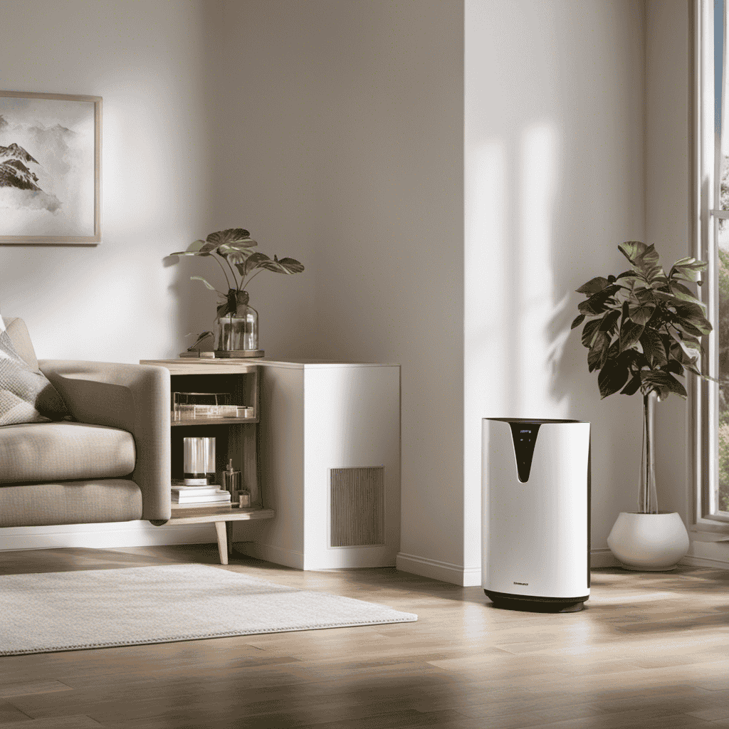 An image showcasing a spacious, well-lit living room with an air purifier quietly purifying the air
