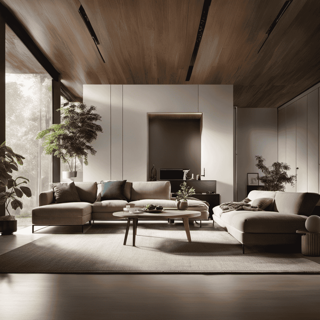 An image showing a spacious living room with a large, modern air purifier placed discreetly in the corner