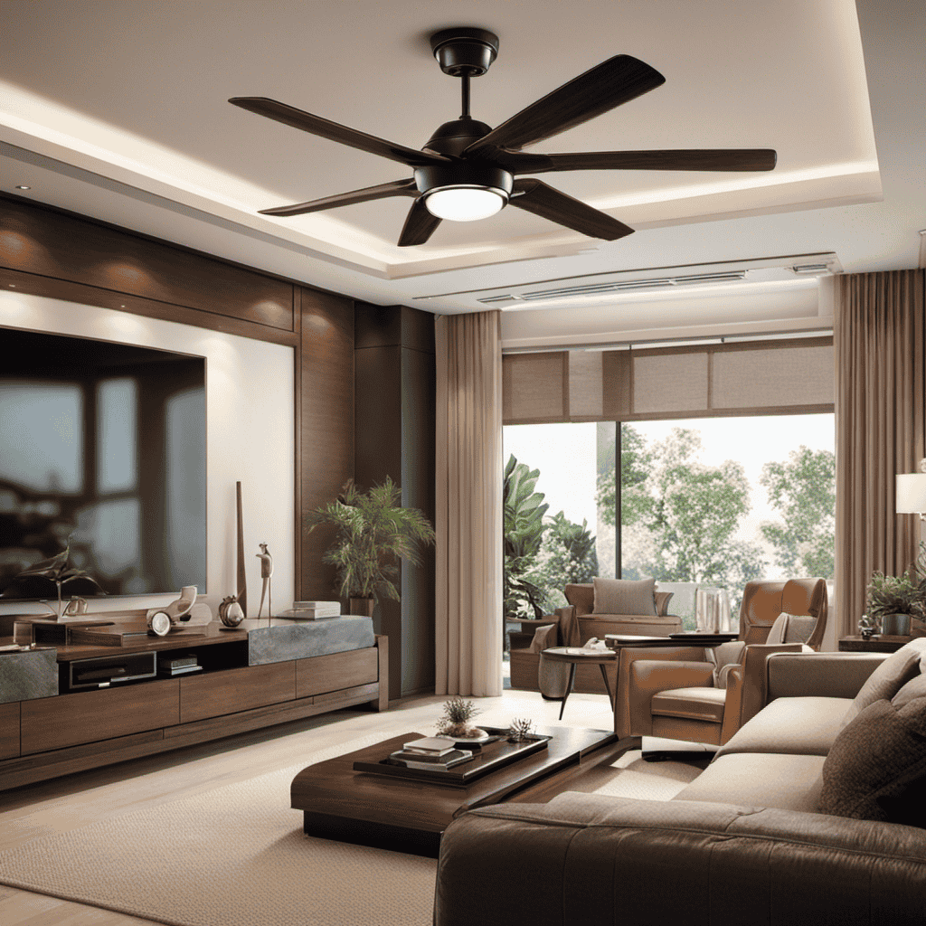 An image showcasing a cozy living room with a ceiling fan gently rotating above, casting a soothing breeze
