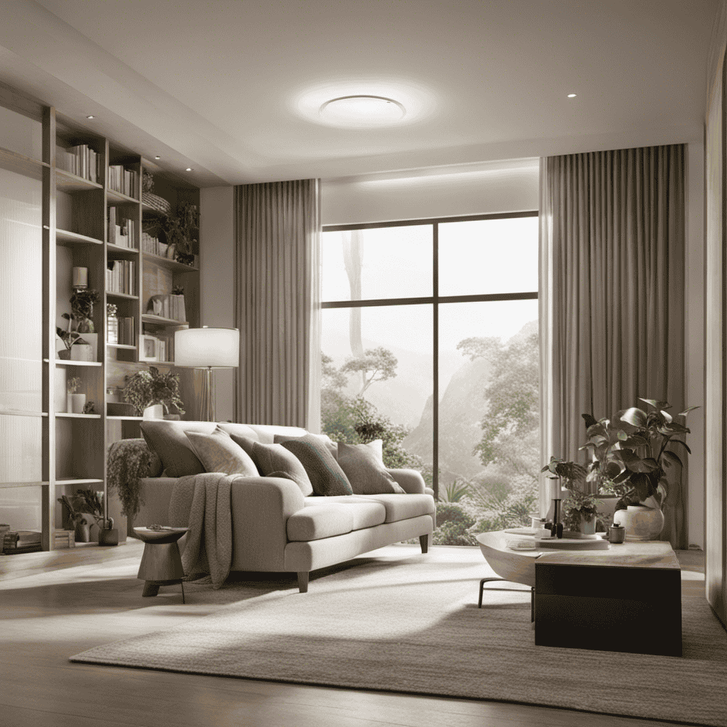 An image that showcases the transformative power of an air purifier: a cozy living room bathed in soft, clean light; floating particles captured in a filter; and a family reveling in fresh, pollutant-free air
