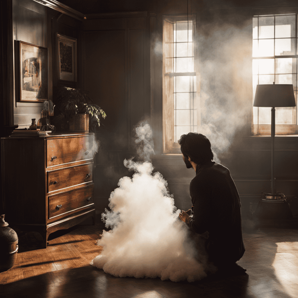 An image showcasing a dimly lit room with smoke lingering in the air