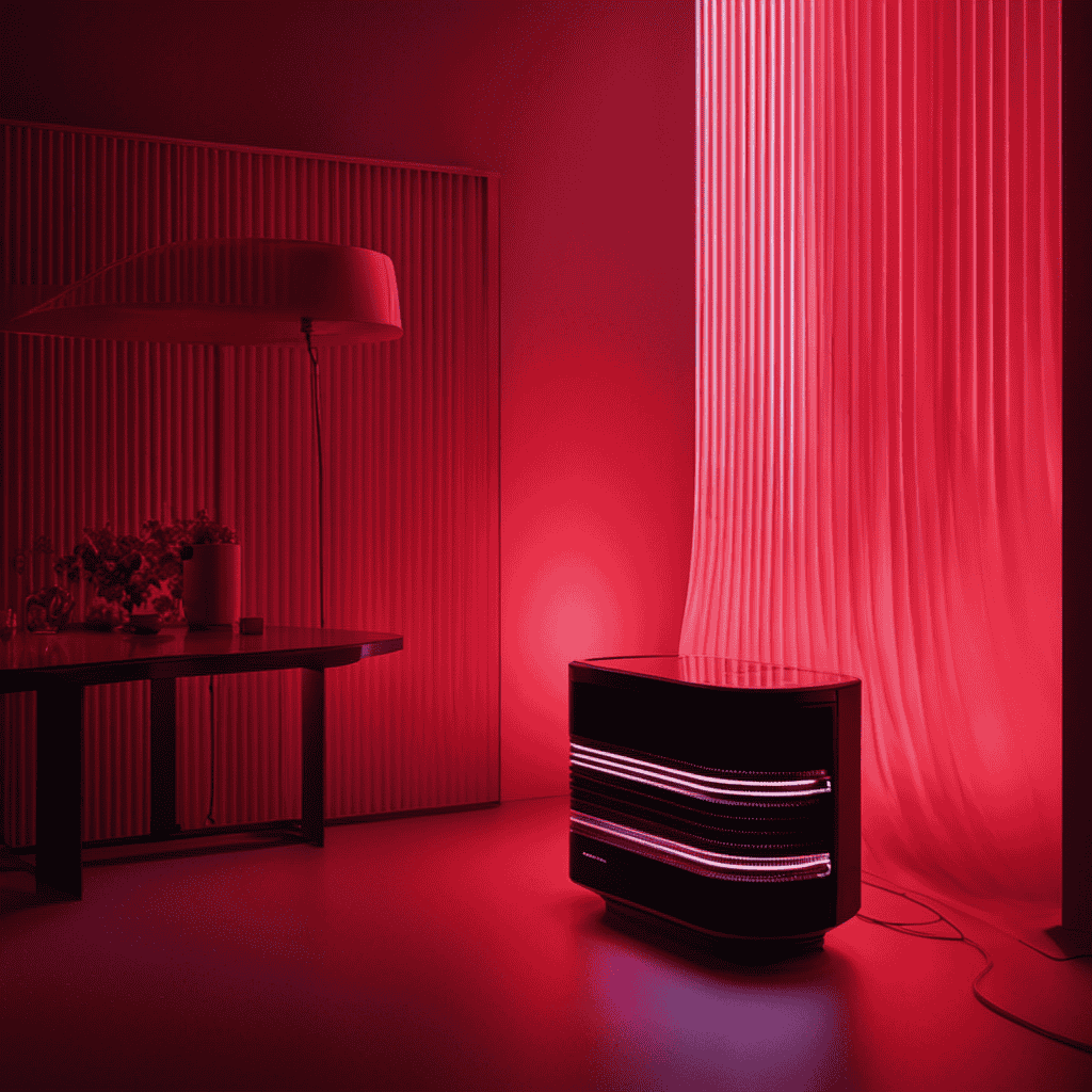 An image capturing the eerie transformation of an air purifier, suffused in a crimson hue