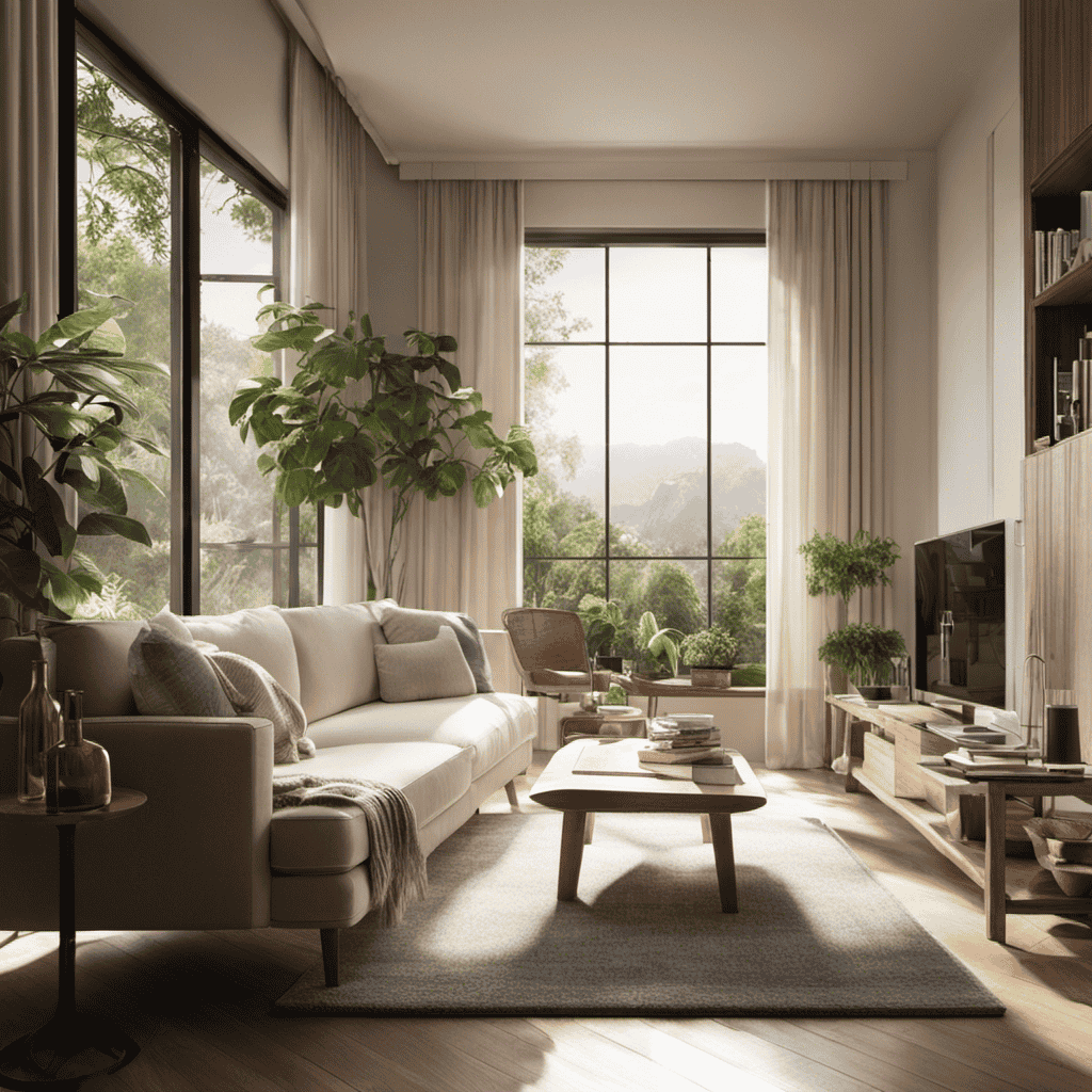 An image showcasing a serene living room with sunlight streaming through a slightly open window