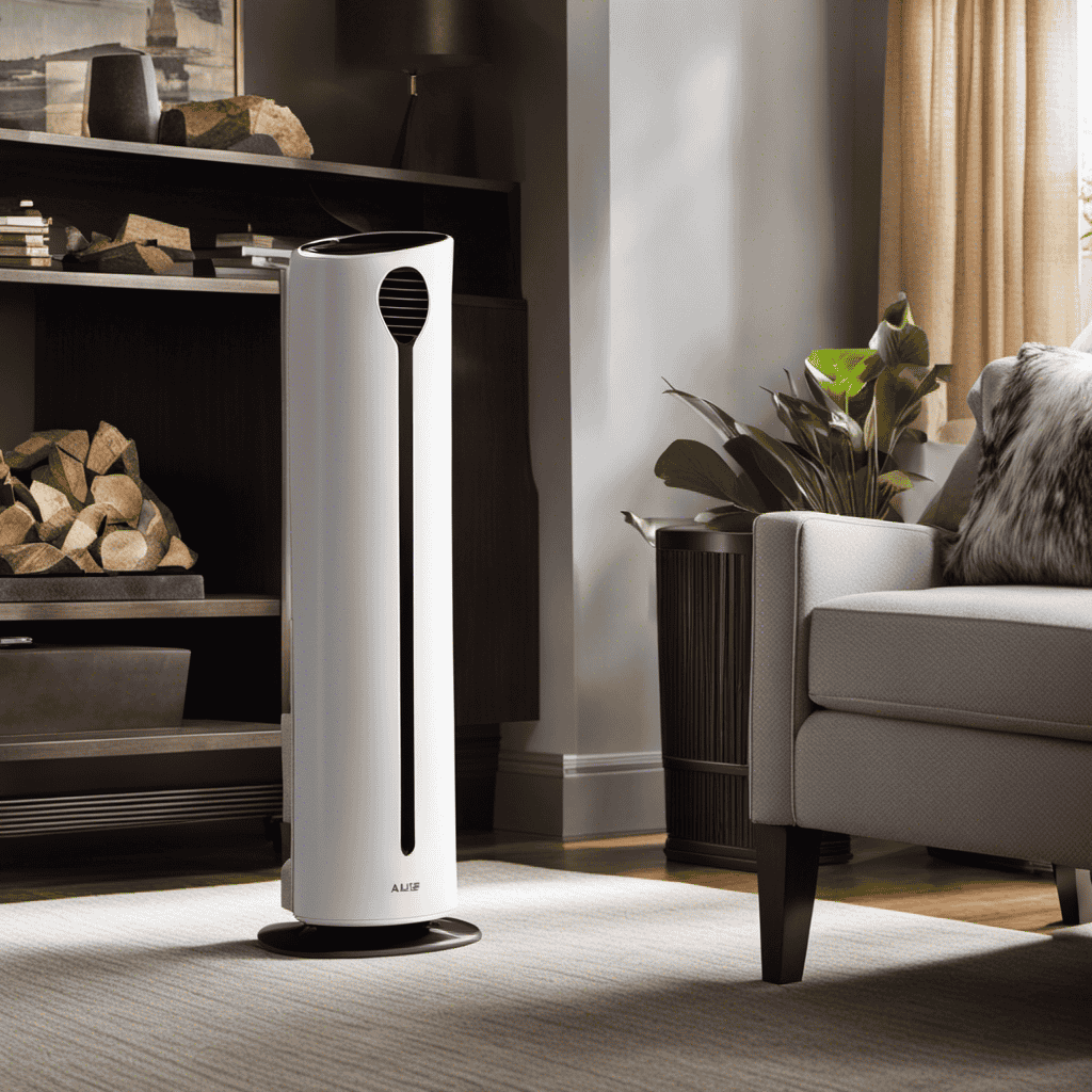 An image showcasing an Alen Fit50 air purifier, placed in a living room