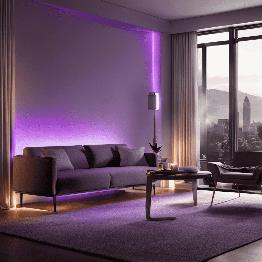 An image showcasing a dimly lit room with an Alen Air Purifier in the foreground, emitting a soft violet glow