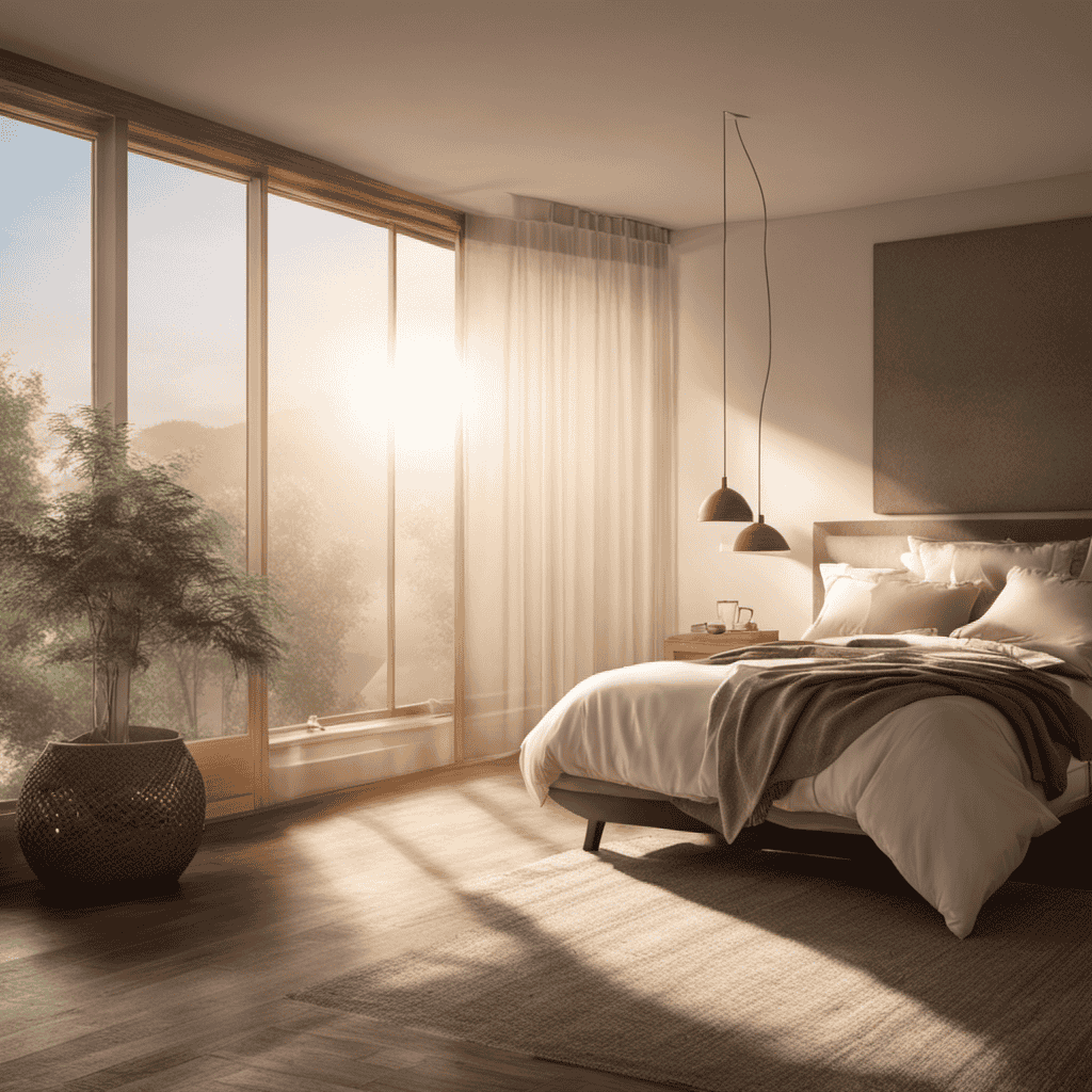An image depicting a serene bedroom with sunlight streaming through the window, while particles of dust and allergens float in the air
