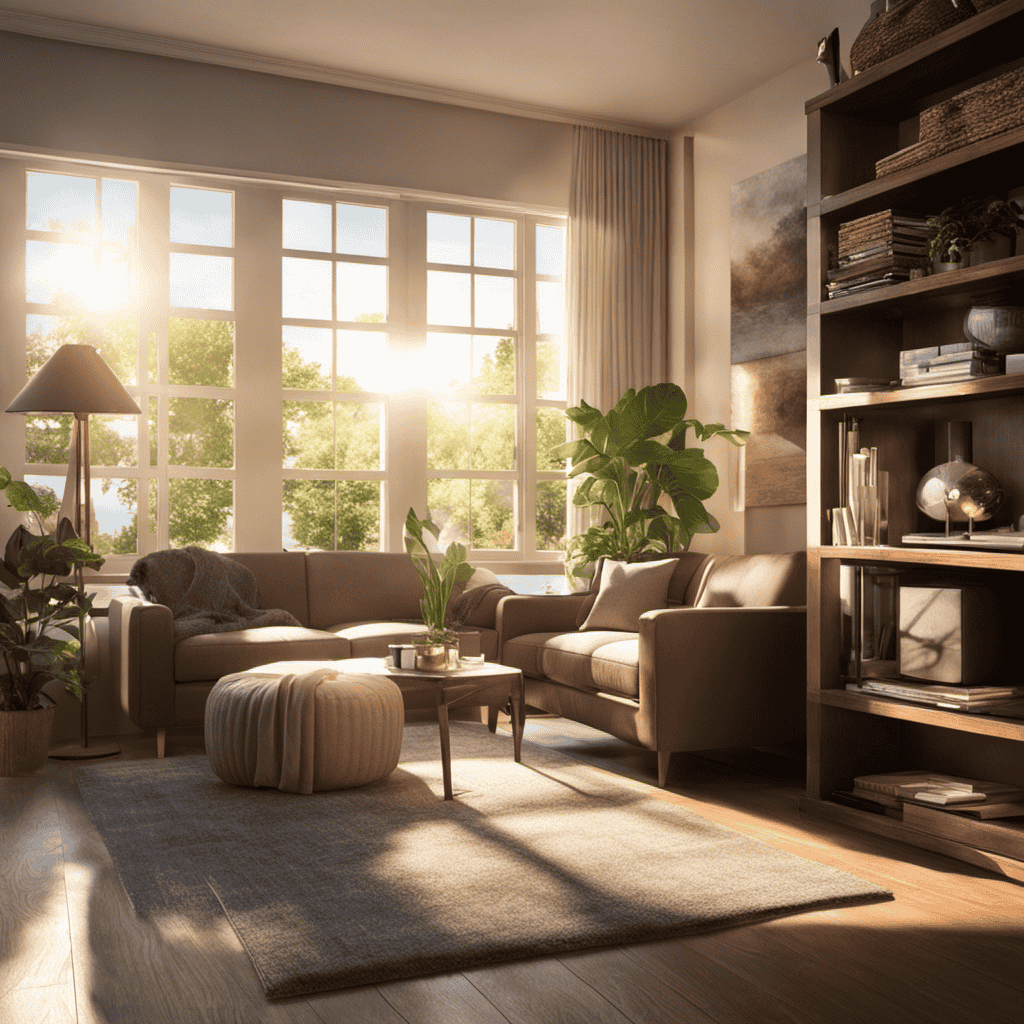 An image depicting a cozy living room with ambient sunlight streaming through the window, showcasing a serene atmosphere