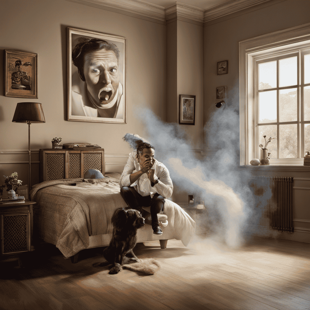 An image capturing a comical scene: a person sitting in a room, their face displaying surprise as their air purifier, positioned nearby, dramatically increases its speed, with dust particles swirling in the air