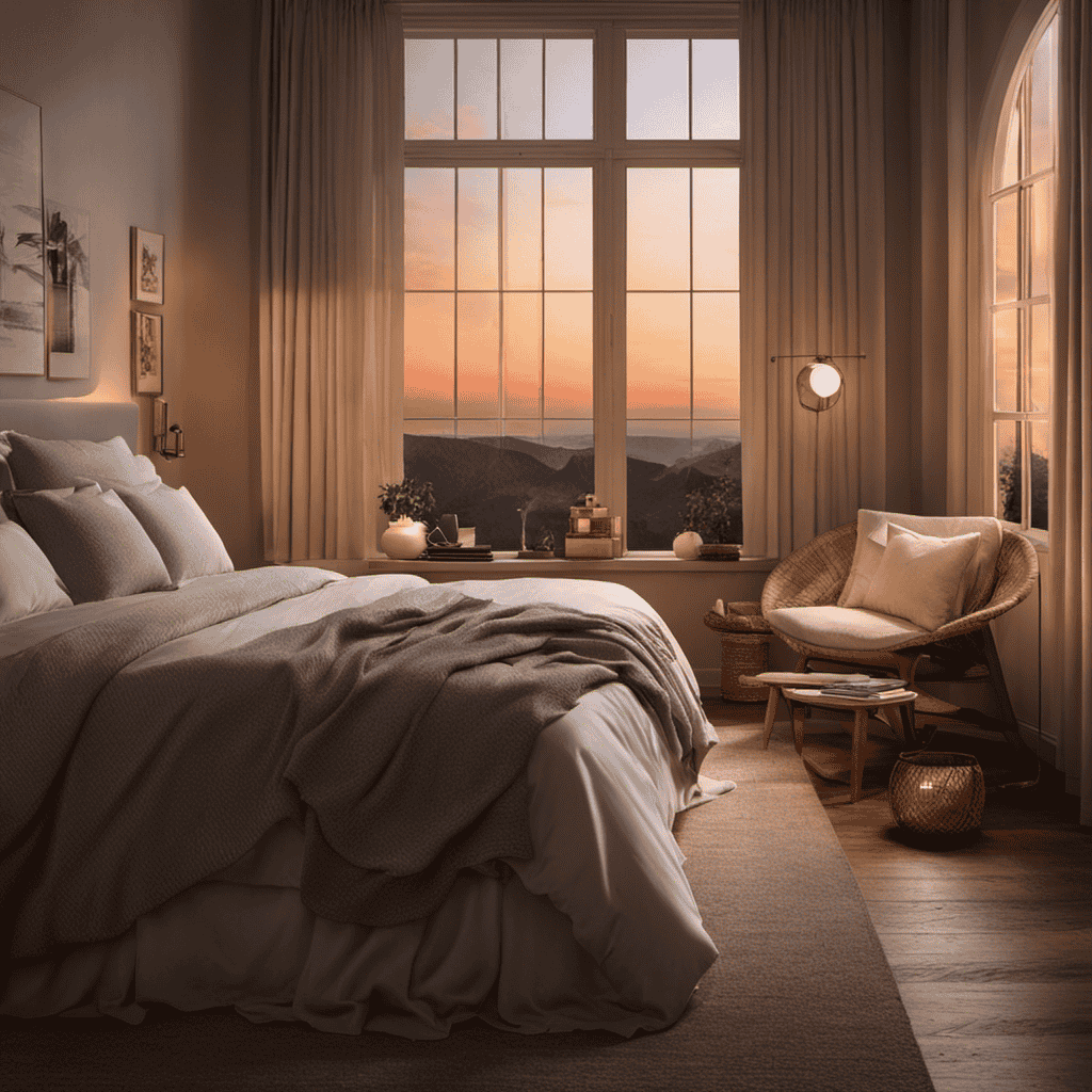 An image of a cozy bedroom at dusk, with warm, soft lighting streaming through an open window