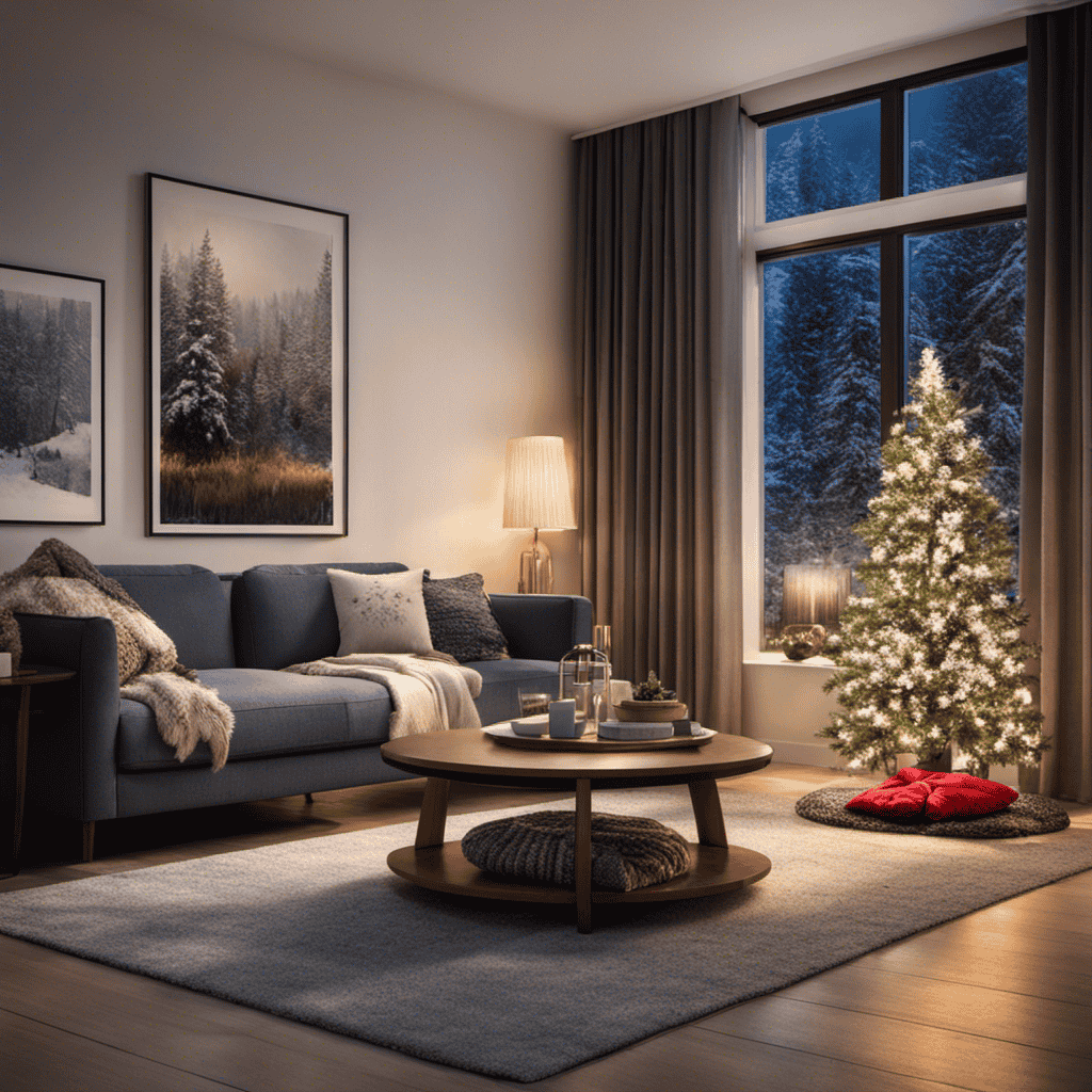An image showcasing a cozy living room during winter, with snowflakes falling outside the window
