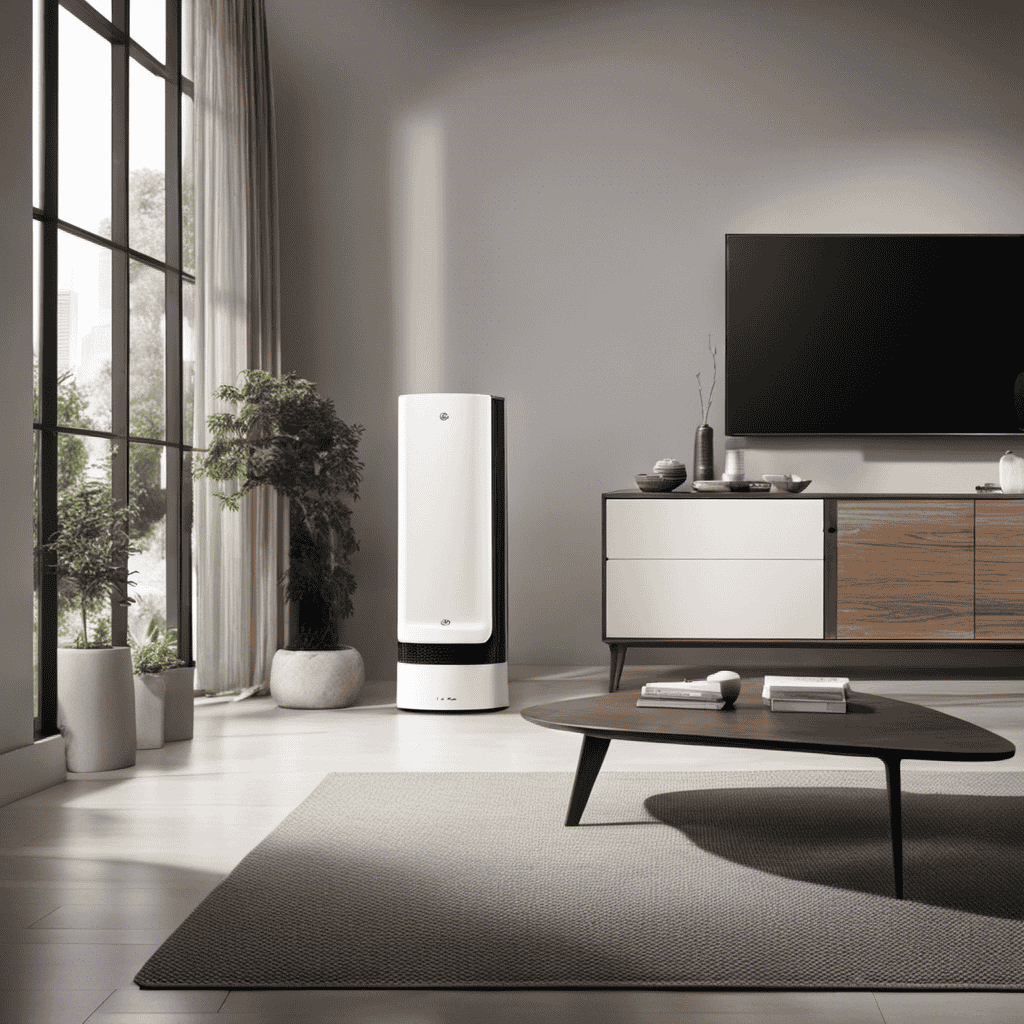 An image that showcases the sleek design of the LG AS401VGA1 PuriCare Filter Air Purifier, set against a backdrop of a modern living room