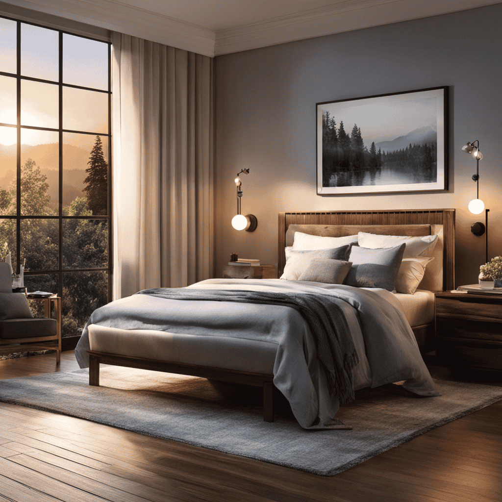 An image showcasing a cozy bedroom at dusk, with streaks of soft sunlight filtering through a slightly ajar window