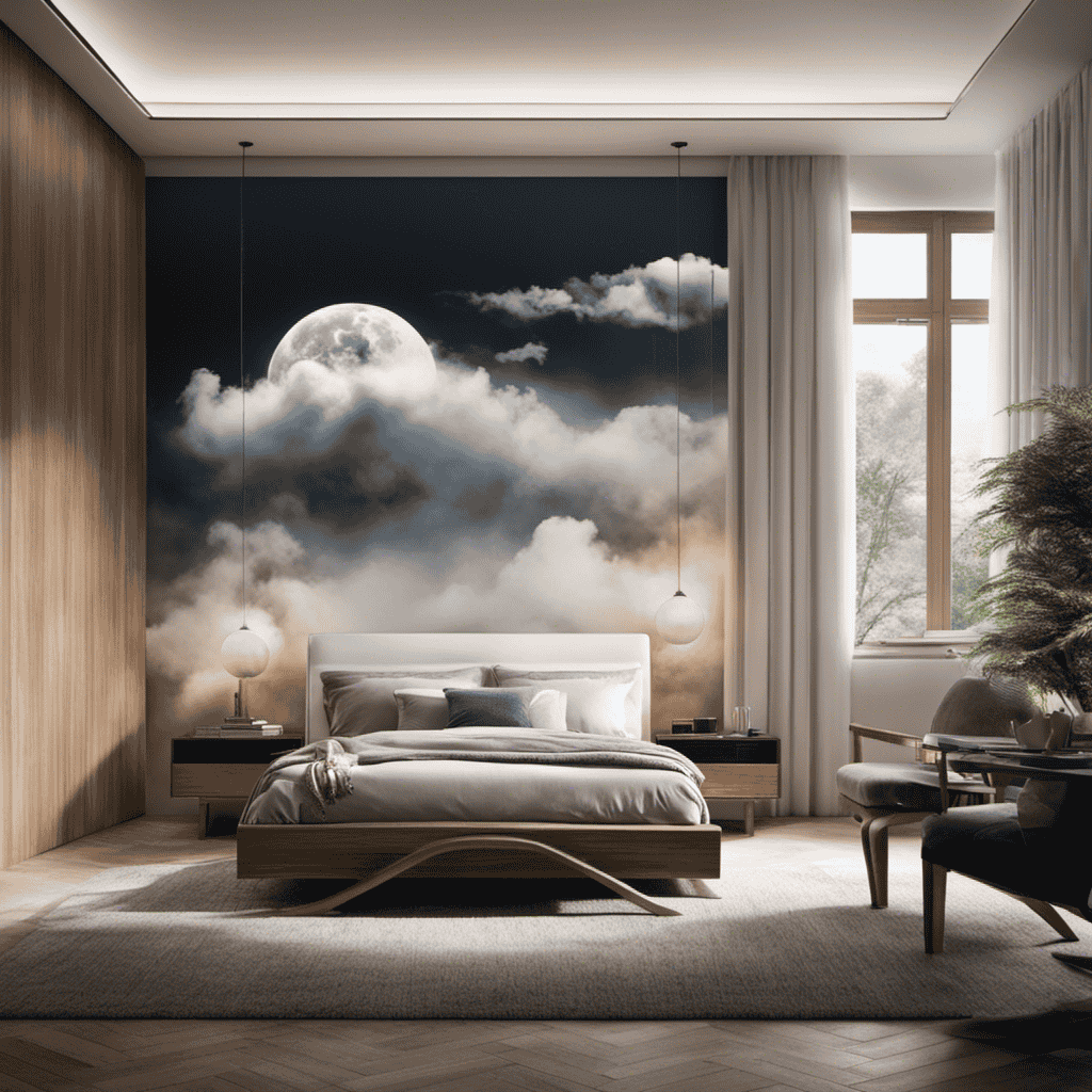 An image showcasing a serene bedroom with a person sleeping peacefully, while outside polluted air is depicted by smoggy clouds, allergens, and dust, emphasizing the need for an air purifier