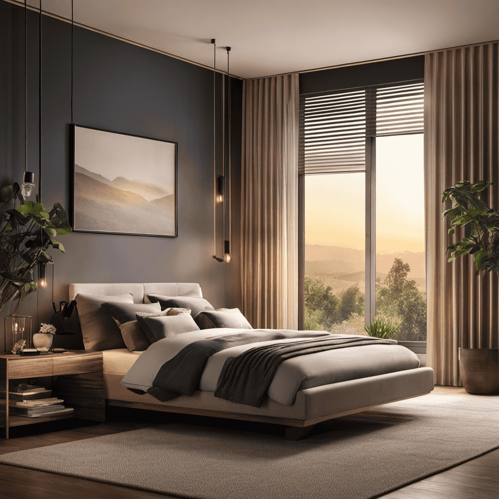 An image that showcases a cozy bedroom at dusk, with soft sunlight filtering through the window blinds