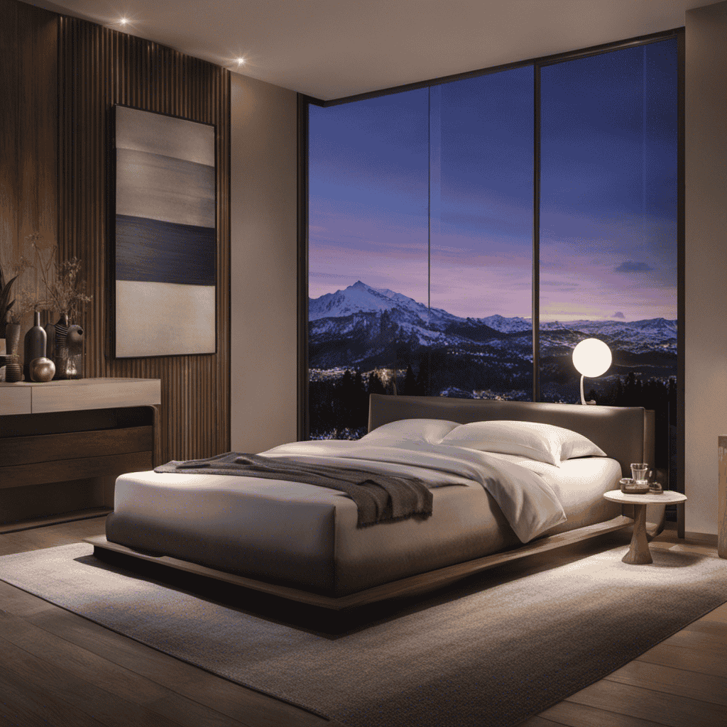 An image that showcases a serene bedroom at dusk, with a softly lit air purifier gently humming in the corner
