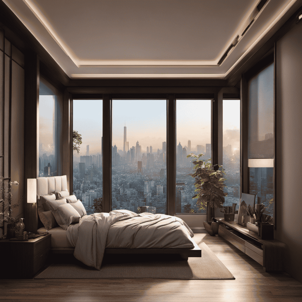 An image showcasing a serene bedroom with an open window, revealing a cityscape engulfed in smog