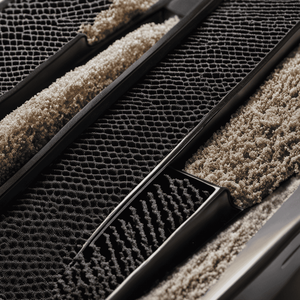 An image showcasing a close-up shot of a dirty Austin Air Purifier filter, covered in layers of dust, allergens, and pollutants, indicating the need for a timely replacement