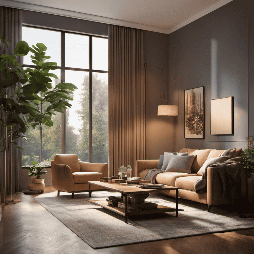 An image showcasing a cozy living room with an air purifier gently humming in the background