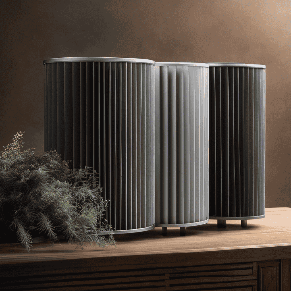 An image depicting a dusty air purifier filter with visible build-up of particles, surrounded by clean, fresh air