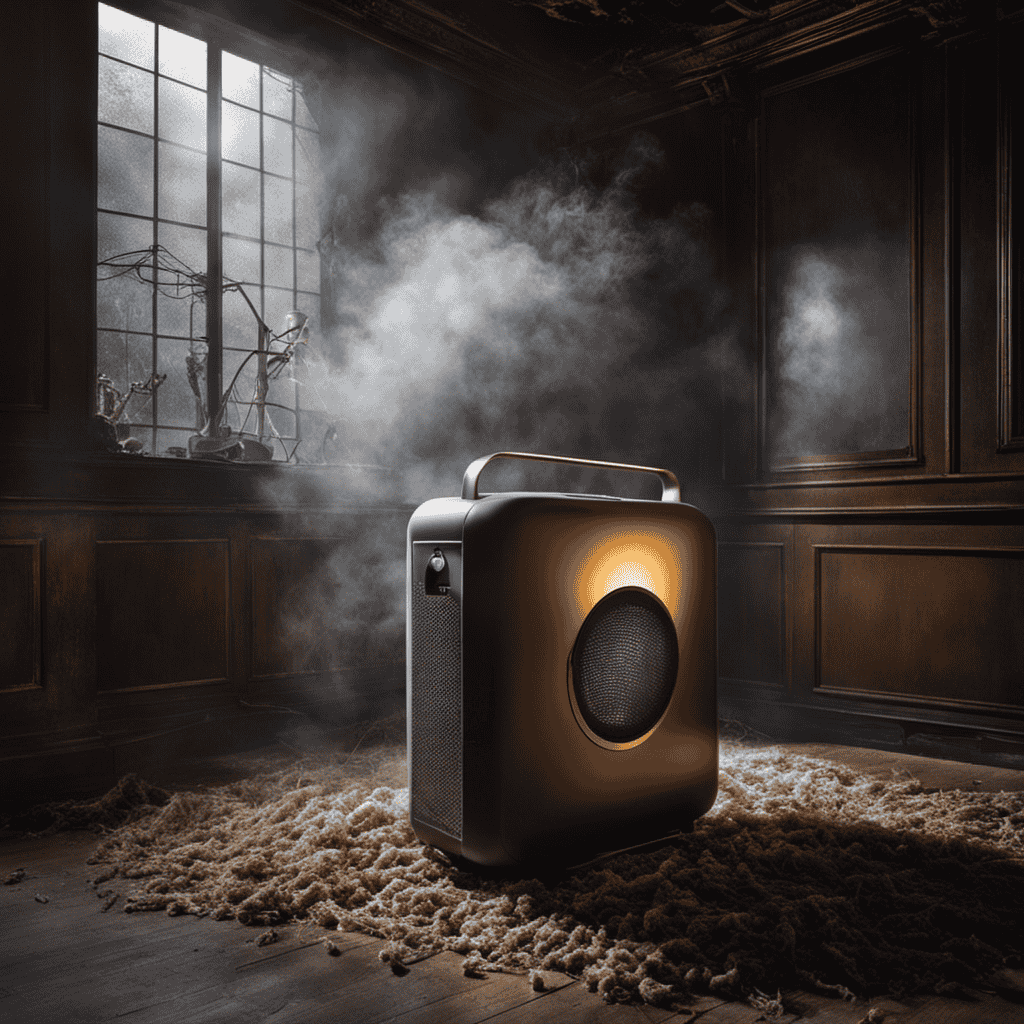 An image that showcases an old, dusty air purifier in a dimly lit room, surrounded by cobwebs and a pile of discarded filters, conveying the need to throw it away