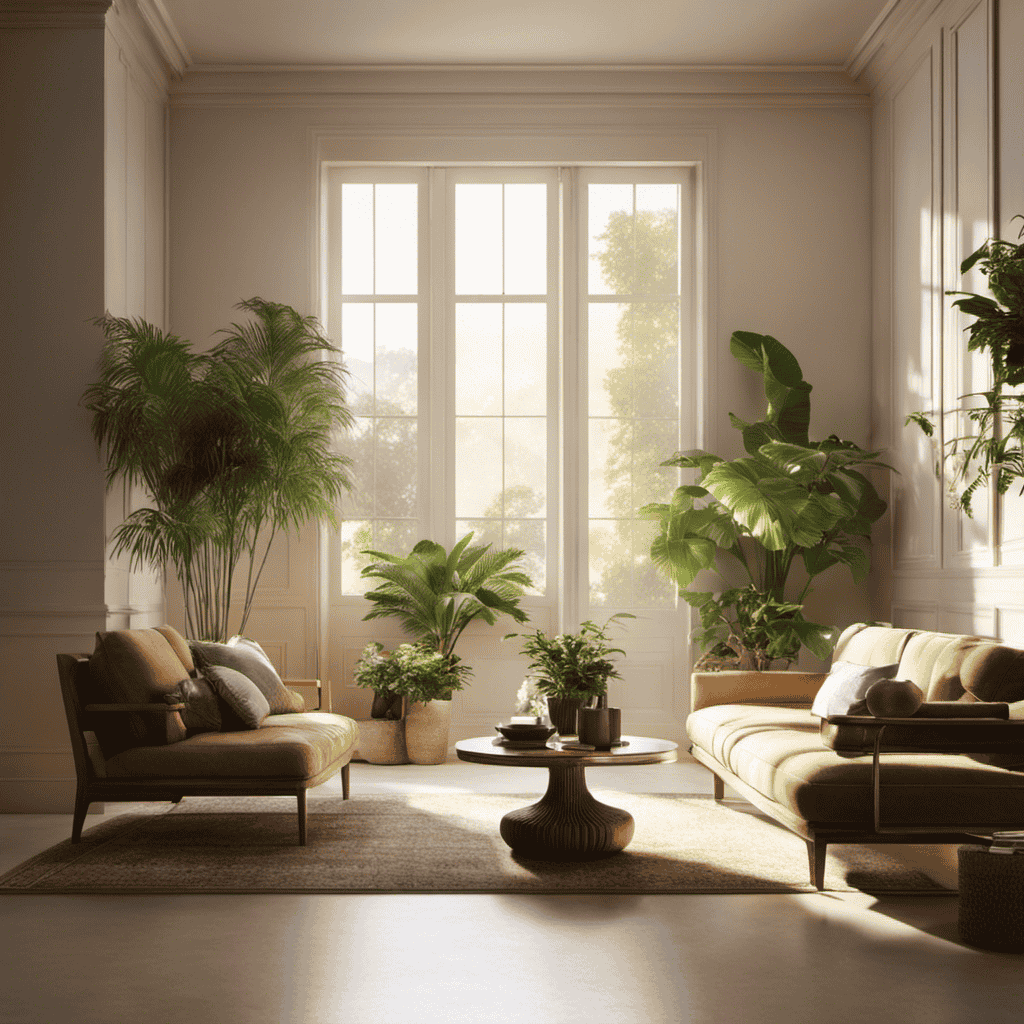 An image showcasing a serene living room bathed in soft, golden sunlight, with a potted plant exuding vibrant greenery