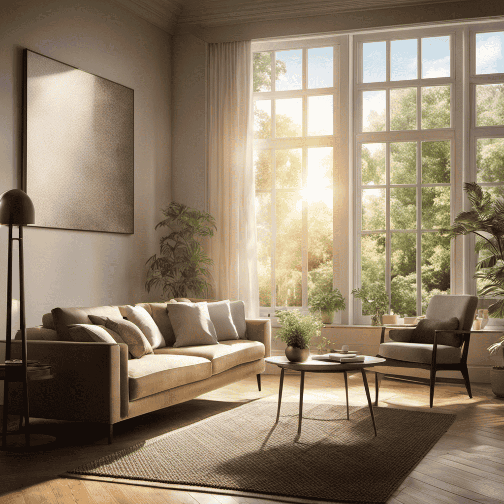 An image of a sunlit living room, with an open window, showing pollen particles suspended in the air