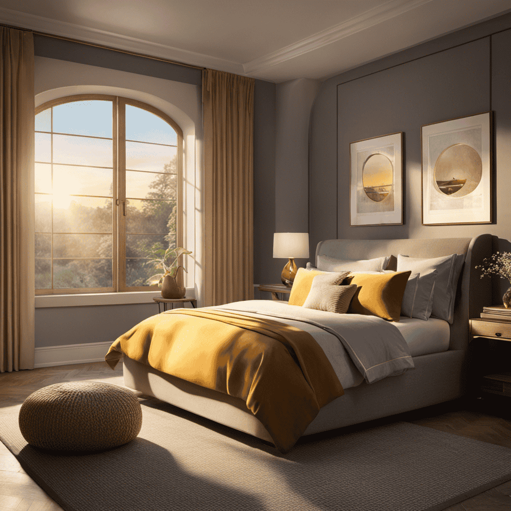 An image depicting a serene bedroom at dusk, where soft, golden rays of sunlight stream through a slightly ajar window