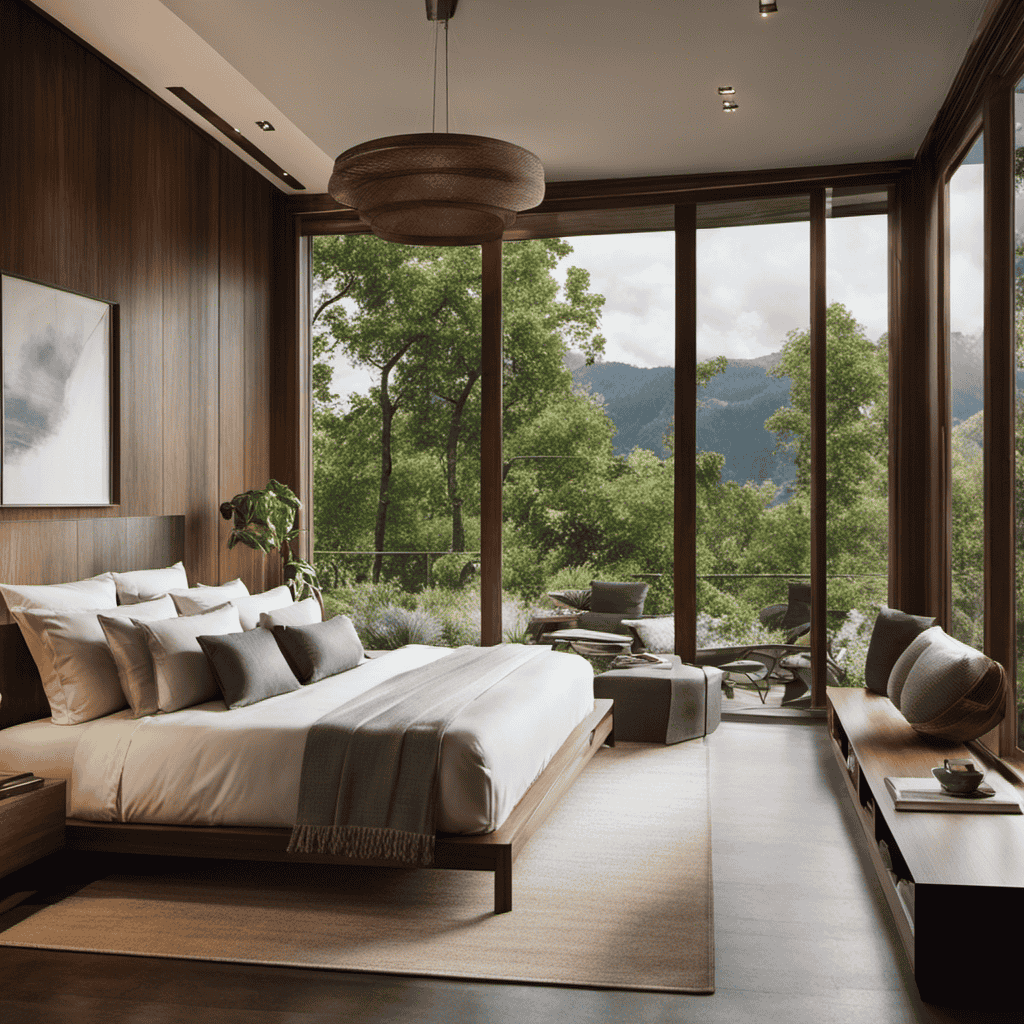 An image that showcases a serene bedroom with open windows, capturing a gentle breeze carrying outdoor pollutants